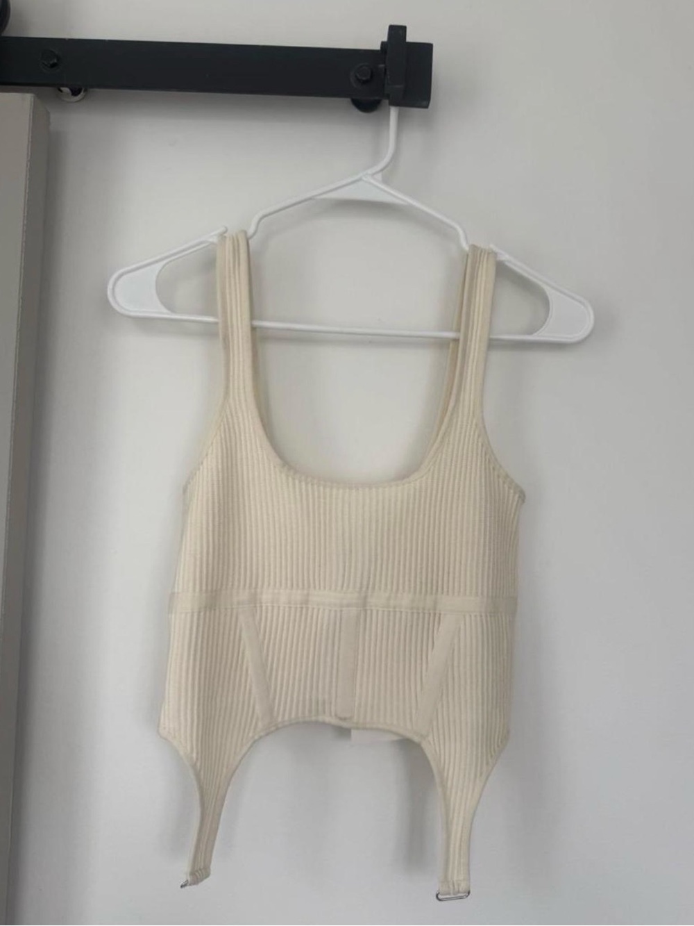 Cream Ribbed Tank Top with Garter Detail